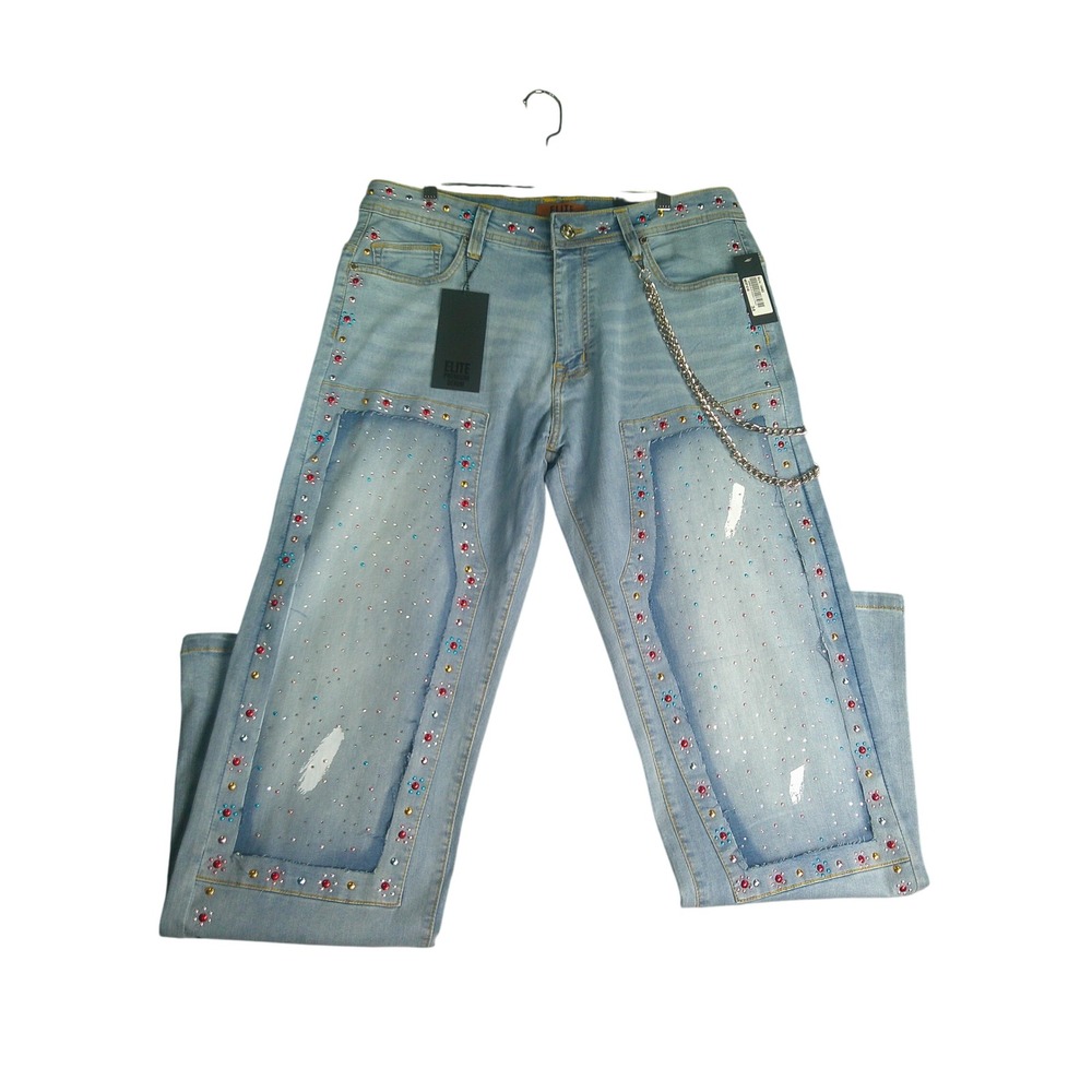 Elite Premium Denim Men 34x34 Light Wash Rhinestone Studded Distressed Jeans NWT